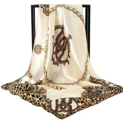 Beige Leopard Print Chain Pattern Elegant 90x90cm Satin Silk Scarf for Women - Double-Sided Printed Square Headscarf Shawl Wrap - Lightweight Versatile Fashion Accessory for Mother's Day Gift