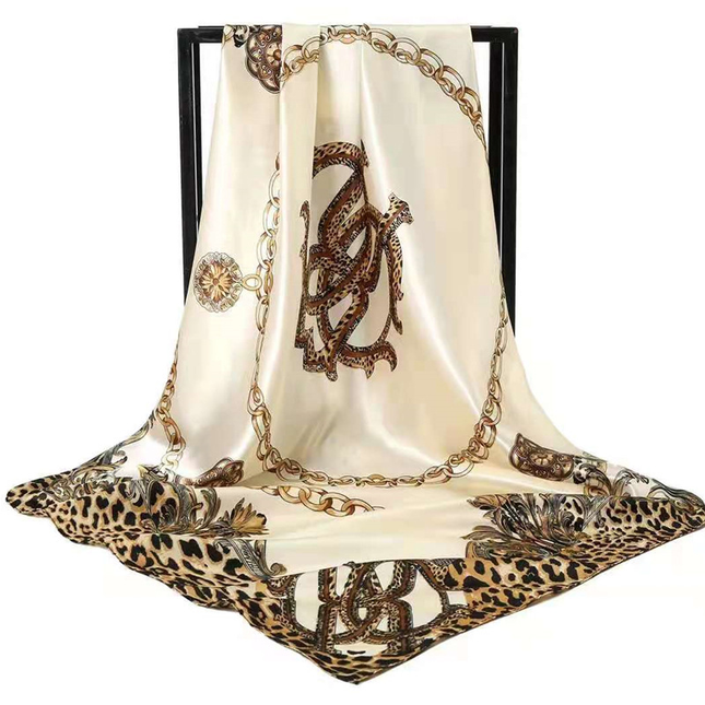 Beige Leopard Print Chain Pattern Elegant 90x90cm Satin Silk Scarf for V888-ELOSUNG50441