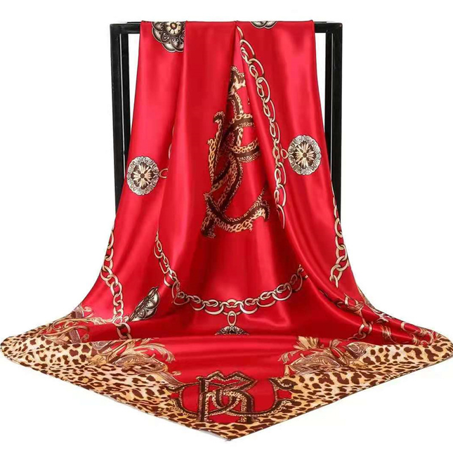 Red Leopard Print Chain Pattern Elegant 90x90cm Satin Silk Scarf for V888-ELOSUNG50442