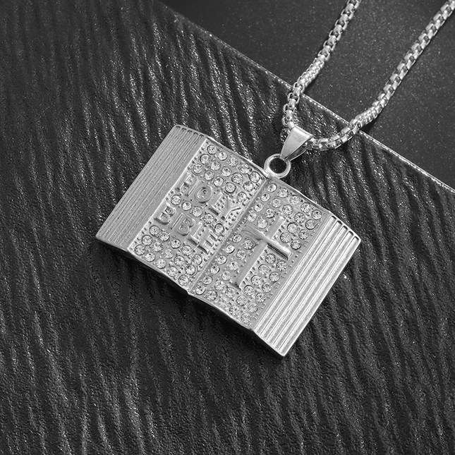 Steel-colored Vintage Holy Bible Book Pendant Necklace