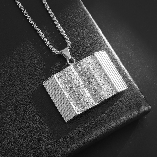 Steel-colored Vintage Holy Bible Book Pendant Necklace – product detail