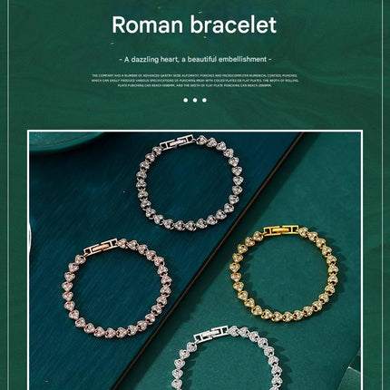 2-piece Aureate and  Silvery Luxury Crystal Heart Tennis Bracelet - European Roman Style Pave CZ Diamond Link Chain - Elegant Gold Silver Rose Gold Plated Fashion Jewelry for Women