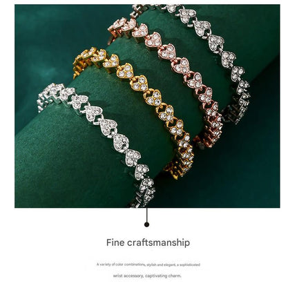 2-piece Silvery and  Rose Gold Luxury Crystal Heart Tennis Bracelet - European Roman Style Pave CZ Diamond Link Chain - Elegant Gold Silver Rose Gold Plated Fashion Jewelry for Women