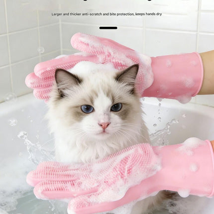 Grey Silicone Pet Bathing Gloves - Pink Double-Sided Design for Cats and Dogs - Gentle Massage, Easy Lather, Durable and Waterproof, Ideal for Pet Grooming and Home Use
