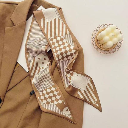 2-piece Coffee Geometric and Stripes French Style Long Silk Scarf - Coffee  Print - Versatile Skinny Neck Ribbon, Hair Tie, Bag Handle Accessory, Elegant Office Wear, Lightweight Polyester