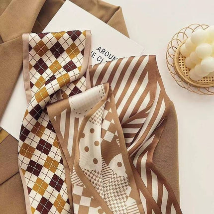 2-piece Coffee Geometric and Diamond Grid French Style Long Silk Scarf - Coffee  Print - Versatile Skinny Neck Ribbon, Hair Tie, Bag Handle Accessory, Elegant Office Wear, Lightweight Polyester