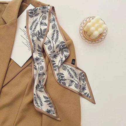 2-piece Coffee Geometry and Pencil Drawing French Style Long Silk Scarf - Coffee  Print - Versatile Skinny Neck Ribbon, Hair Tie, Bag Handle Accessory, Elegant Office Wear, Lightweight Polyester
