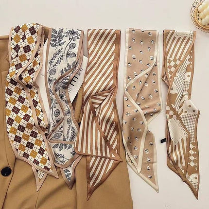 2-piece Coffee Geometry and Pencil Drawing French Style Long Silk Scarf - Coffee  Print - Versatile Skinny Neck Ribbon, Hair Tie, Bag Handle Accessory, Elegant Office Wear, Lightweight Polyester