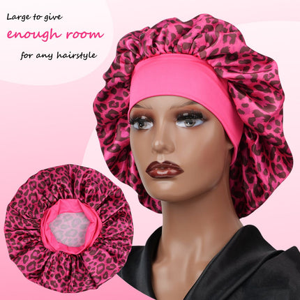 Capiricorn -Rose Red Leopard Print Satin Sleep Bonnet -  Large Size Hair Protection Cap with Elastic Band, Soft Lined for Curly Hair, Night Wear and Spa Use