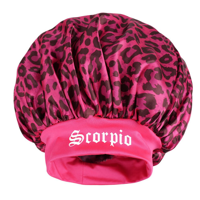 Scorpio -Rose Red Leopard Print Satin Sleep Bonnet