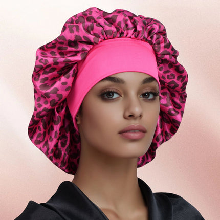 Scorpio -Rose Red Leopard Print Satin Sleep Bonnet -  Large Size Hair Protection Cap with Elastic Band, Soft Lined for Curly Hair, Night Wear and Spa Use