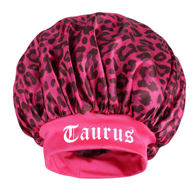 Taurus -Rose Red Leopard Print Satin Sleep Bonnet