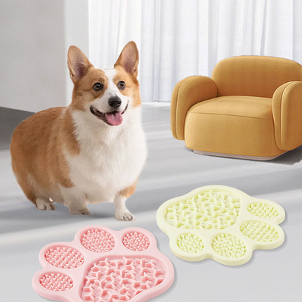 Pink Silicone Slow Feeder Lick Mat for Dogs and Cats - Paw Shaped Non Slip Pet Bowl with Suction Cups - BPA Free, Dishwasher Safe, Freezer Safe, Anxiety Relief, Easy Clean, 20x17cm - Pink, Brown, Yellow