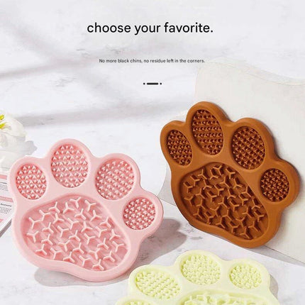 Pink Silicone Slow Feeder Lick Mat for Dogs and Cats - Paw Shaped Non Slip Pet Bowl with Suction Cups - BPA Free, Dishwasher Safe, Freezer Safe, Anxiety Relief, Easy Clean, 20x17cm - Pink, Brown, Yellow