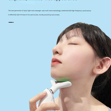 White Neck and Face Massager - 3 Colour Light Therapy, EMS Microcurrent, Vibration & Heat - Rechargeable Anti-Ageing Device for Wrinkles, Neck Lines, Jawline & Skin Tightening - Portable Home Beauty Tool
