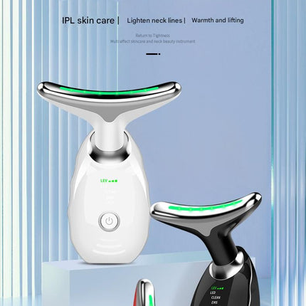 Red Neck and Face Massager - 3 Colour Light Therapy, EMS Microcurrent, Vibration & Heat - Rechargeable Anti-Ageing Device for Wrinkles, Neck Lines, Jawline & Skin Tightening - Portable Home Beauty Tool