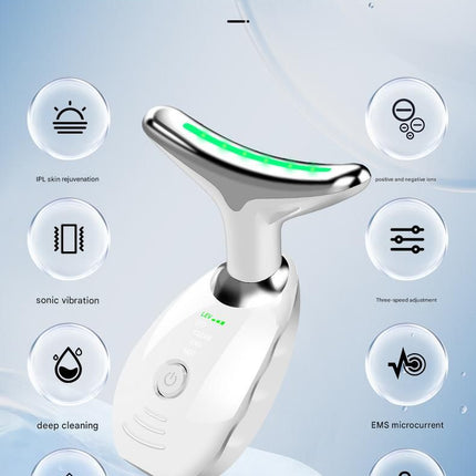 Pink Neck and Face Massager - 3 Colour Light Therapy, EMS Microcurrent, Vibration & Heat - Rechargeable Anti-Ageing Device for Wrinkles, Neck Lines, Jawline & Skin Tightening - Portable Home Beauty Tool