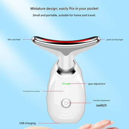 Pink Neck and Face Massager - 3 Colour Light Therapy, EMS Microcurrent, Vibration & Heat - Rechargeable Anti-Ageing Device for Wrinkles, Neck Lines, Jawline & Skin Tightening - Portable Home Beauty Tool