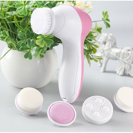 Pink 5-in-1 Electric Facial Cleansing Brush - Rotating Face Scrubber with 5 Interchangeable Heads for Deep Pore Cleaning, Exfoliating & Massaging - Battery Operated (2 x AA, Not Included)