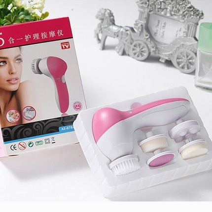 Pink 5-in-1 Electric Facial Cleansing Brush - Rotating Face Scrubber with 5 Interchangeable Heads for Deep Pore Cleaning, Exfoliating & Massaging - Battery Operated (2 x AA, Not Included)