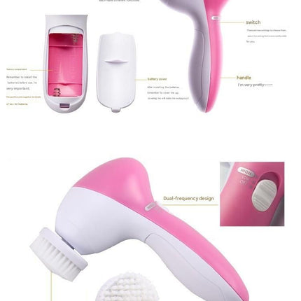 Blue 5-in-1 Electric Facial Cleansing Brush - Rotating Face Scrubber with 5 Interchangeable Heads for Deep Pore Cleaning, Exfoliating & Massaging - Battery Operated (2 x AA, Not Included)