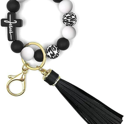 Black and White Silicone Bead Keychain Bracelet with Cross Charm and Tassel - Black, White, Teal, Leopard Print - Fashion Wristlet Key Ring for Women, Gift Friendly