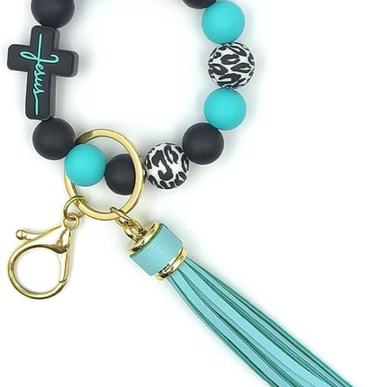 Black and Green Silicone Bead Keychain Bracelet with Cross Charm and Tassel - Black, White, Teal, Leopard Print - Fashion Wristlet Key Ring for Women, Gift Friendly