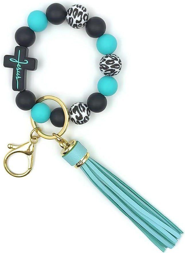 Black and Green Silicone Bead Keychain Bracelet with Cross Charm and V888-ELOSUNG50615