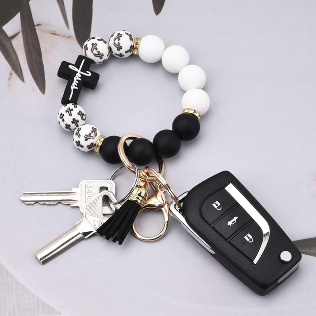 Black and Green Silicone Bead Keychain Bracelet with Cross Charm and – product detail