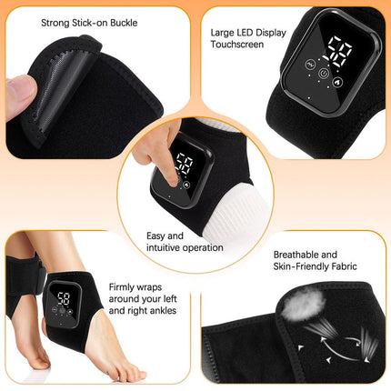 Black 2-piece Wireless Electric Ankle Massager with Heat and Vibration - 3 Heating Levels, 3 Vibration Modes, 15 Min Timer, 2000mAh Rechargeable Battery - Cordless Foot and Ankle Pain Relief Wrap for Men and Women