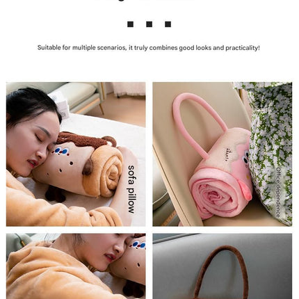 Brown 100*170cm Cartoon Hand-Carry Roll-Up Blanket - Plush Flannel Nap Blanket with Pillow Function, Portable Office & Travel Throw for Home, Car, and Sofa Use - Soft, Machine Washable, Multi-Scene Use