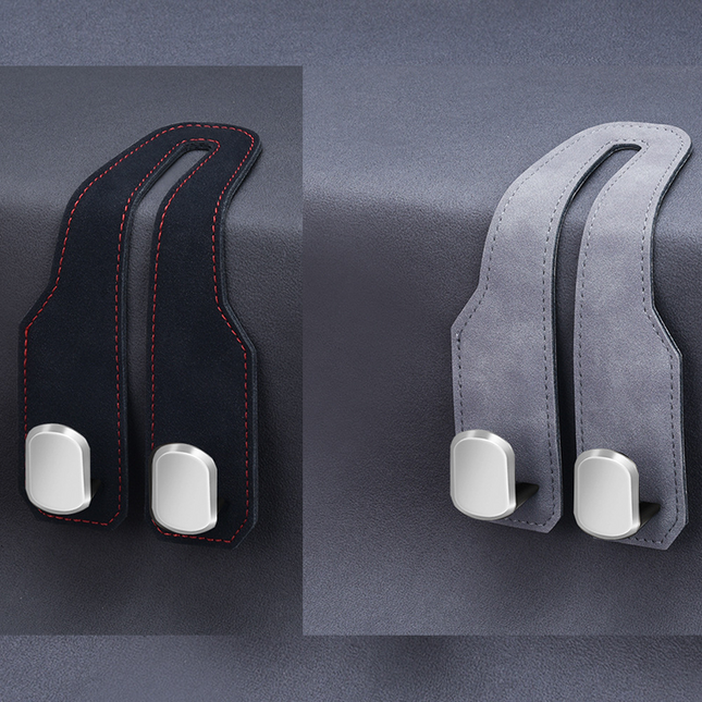 2-piece Black and Grey ABS Dual-Hook Car Seat Back Hanger Foldable Faux-Suede Headrest Hook The