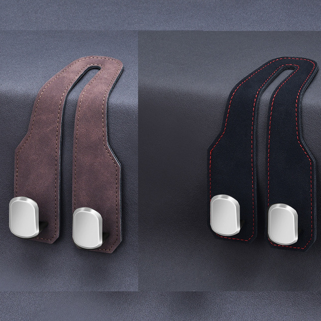 2-piece Black and Brown ABS Dual-Hook Car Seat Back Hanger Foldable Faux-Suede Headrest Hook The