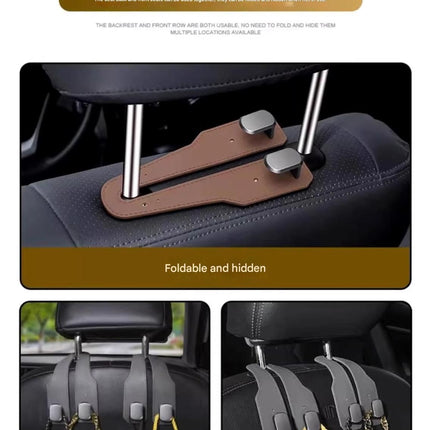2-piece Black and Brown ABS Dual-Hook Car Seat Back Hanger — Foldable, Faux-Suede Headrest Hook; The ideal companion for hanging handbags and shopping bags, also doubles as a mobile phone holder