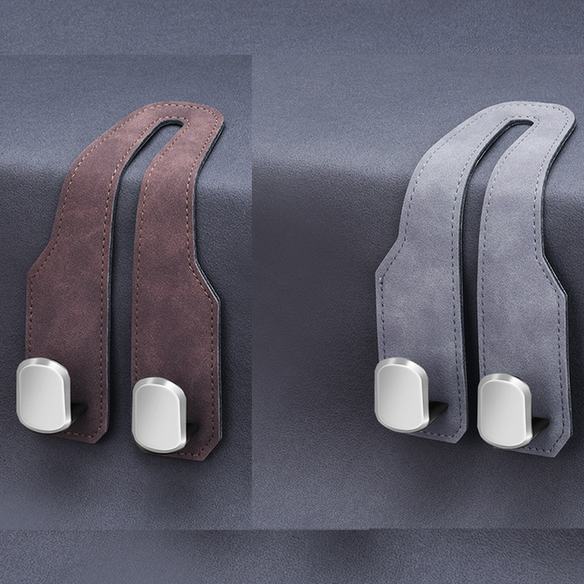 2-piece Brown and Grey ABS Dual-Hook Car Seat Back Hanger Foldable Faux-Suede Headrest Hook The