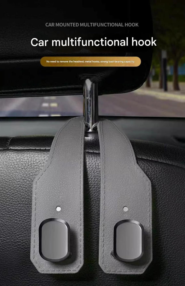 2-piece Brown and Grey ABS Dual-Hook Car Seat Back Hanger Foldable Faux-Suede Headrest Hook The – product detail