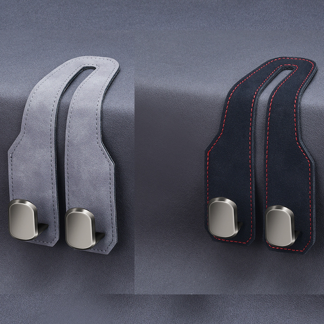 2-piece Black and Grey Alloy Dual-Hook Car Seat Back Hanger Foldable Faux-Suede Headrest Hook The