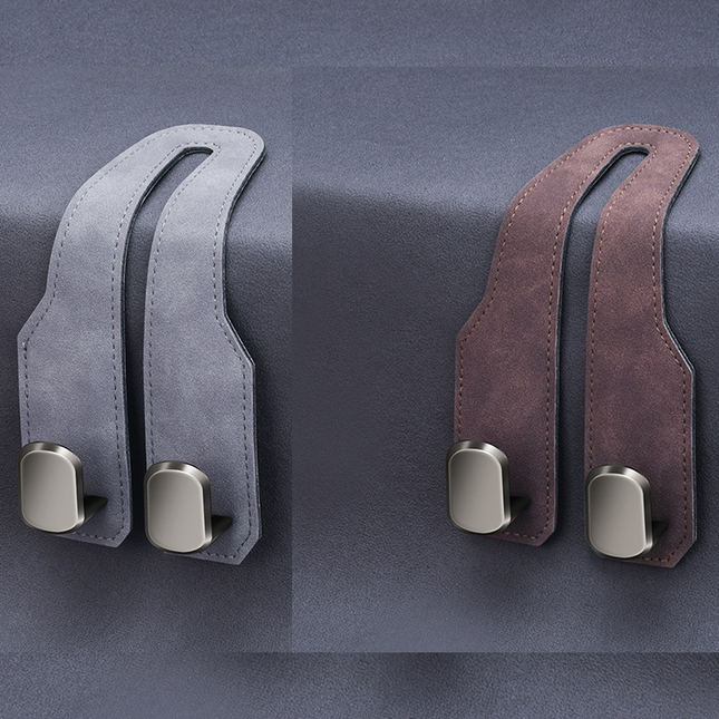 2-piece Brown and Grey Alloy Dual-Hook Car Seat Back Hanger Foldable Faux-Suede Headrest Hook The