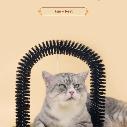 Arched Cat Grooming Brush - Self-Massage Cat Scratcher Arch with Hanging Mouse Toy - Durable PVC Bristles, Plush Base, Non-Slip Design - Interactive Cat Toy for Itch Relief and Play
