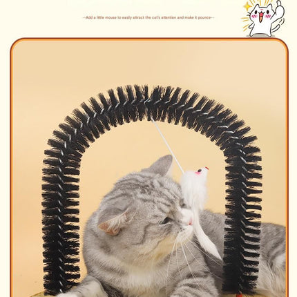 Arched Cat Grooming Brush - Self-Massage Cat Scratcher Arch with Hanging Mouse Toy - Durable PVC Bristles, Plush Base, Non-Slip Design - Interactive Cat Toy for Itch Relief and Play