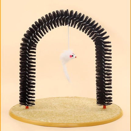 Arched Cat Grooming Brush - Self-Massage Cat Scratcher Arch with Hanging Mouse Toy - Durable PVC Bristles, Plush Base, Non-Slip Design - Interactive Cat Toy for Itch Relief and Play