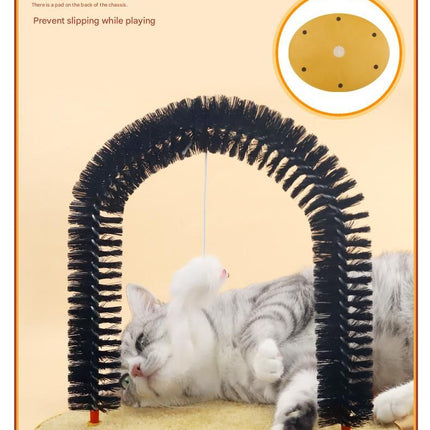 Arched Cat Grooming Brush - Self-Massage Cat Scratcher Arch with Hanging Mouse Toy - Durable PVC Bristles, Plush Base, Non-Slip Design - Interactive Cat Toy for Itch Relief and Play