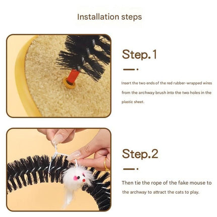 Arched Cat Grooming Brush - Self-Massage Cat Scratcher Arch with Hanging Mouse Toy - Durable PVC Bristles, Plush Base, Non-Slip Design - Interactive Cat Toy for Itch Relief and Play