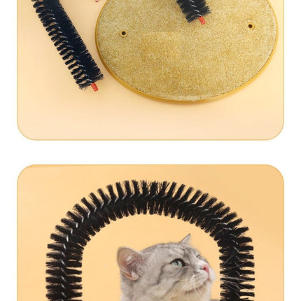 Arched Cat Grooming Brush - Self-Massage Cat Scratcher Arch with Hanging Mouse Toy - Durable PVC Bristles, Plush Base, Non-Slip Design - Interactive Cat Toy for Itch Relief and Play