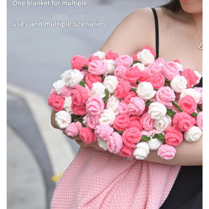 Pink and White Diameter: 80 cm -33 Woven Flowers Handmade Rose Bouquet Knit Blanket - Soft Pink Acrylic Throw with 3D Crochet Flowers - Perfect Gift for Her, Birthday, Valentine's Day, Home Decor