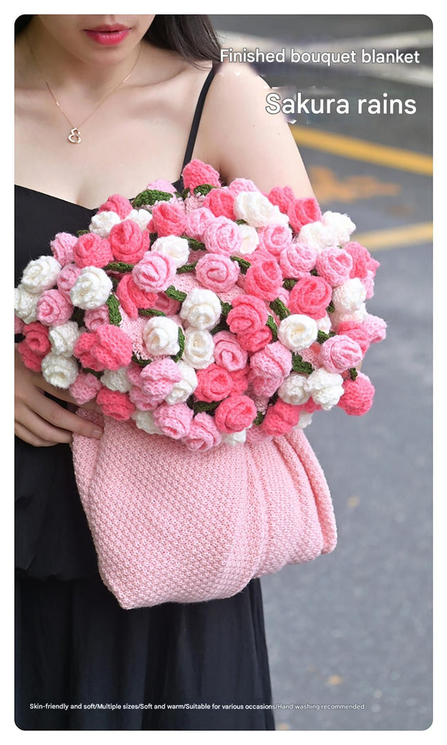 Pink and White Diameter 120 cm -52 Woven Flowers Handmade Rose Bouquet Knit – product detail