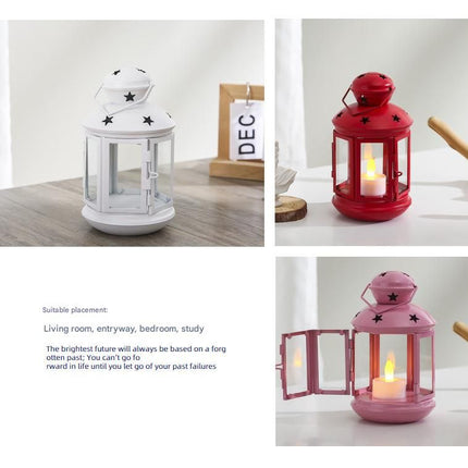 Red European Style Star Cutout Metal Candle Lantern - Handcrafted Iron & Glass Decorative Lamp for Christmas, Home, Wedding, Party Easy to carry - Perfect for Living Room, Bedroom, Study