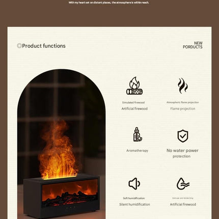 Black casing 3D Flame Effect Aroma Diffuser and Humidifier - Desktop Fireplace Design with Realistic LED Fire, 7-Color Mood Lighting, and Silent Ultrasonic Mist - Ideal for Bedroom, Living Room, Office, and Yoga Spaces - Includes Timer and Auto Shut-Off
