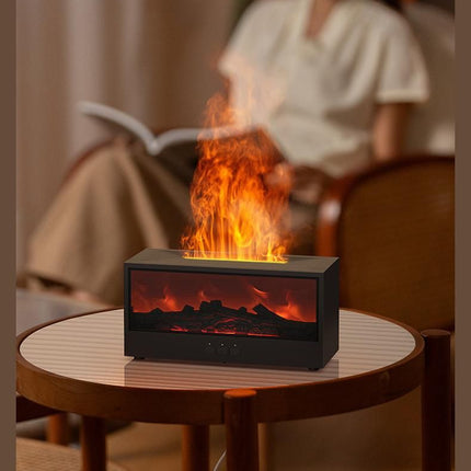 White casing 3D Flame Effect Aroma Diffuser and Humidifier - Desktop Fireplace Design with Realistic LED Fire, 7-Color Mood Lighting, and Silent Ultrasonic Mist - Ideal for Bedroom, Living Room, Office, and Yoga Spaces - Includes Timer and Auto Shut-Off