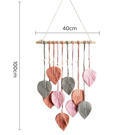 Pink 40*100cm Handmade Macrame Leaf Wall Hanging - Cotton Boho Tapestry, Machine Washable,  - Nordic Style Decor for Bedroom, Living Room, Nursery